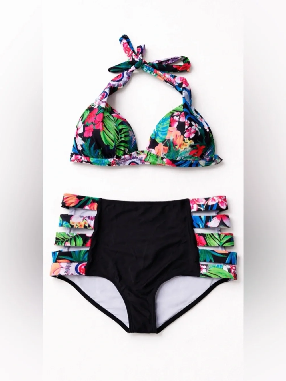 Sporlike Tropical Bikini Set High Waisted Strappy Bottom Size Large
